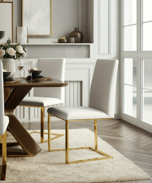 HomeRoots White Upholstered Faux Leather Dining Side Chair with Gold Legs - Modern, Chic Design for Versatile Use 472185