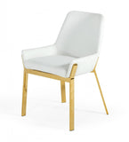 White Upholstered Faux Leather Dining Arm Chair in Gold Accents - Stylish Comfort for Any Room