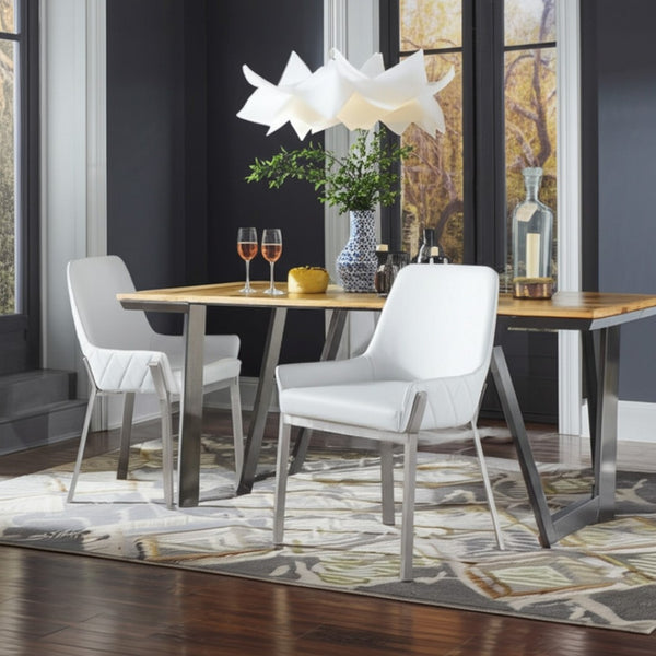 HomeRoots White Upholstered Faux Leather Dining Arm Chair - Modern Comfort with Silver Accents for Versatile Use 472187