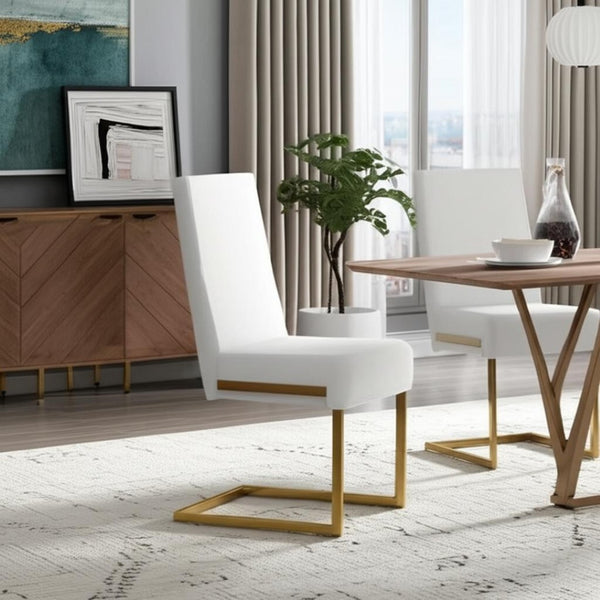 HomeRoots Set of Two Elegant White and Gold Upholstered Faux Leather Dining Chairs for Modern Spaces 472190