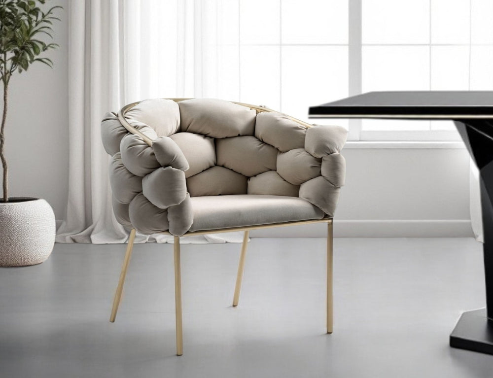 HomeRoots Tufted Gray Velvet Arm Chair with Brass Legs - Elegant Seating for Dining Room & Living Spaces 472197