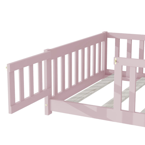 English Elm Twin Size Floor Bed With Safety Guardrails - Durable Rubber Wood Design In Pink For Toddlers W504P286376-GIGA