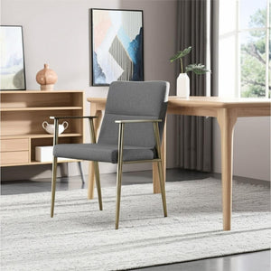 HomeRoots Gray Upholstered Fabric Dining Arm Chair with Antiqued Brass Frame - Timeless Comfort & Style 472225
