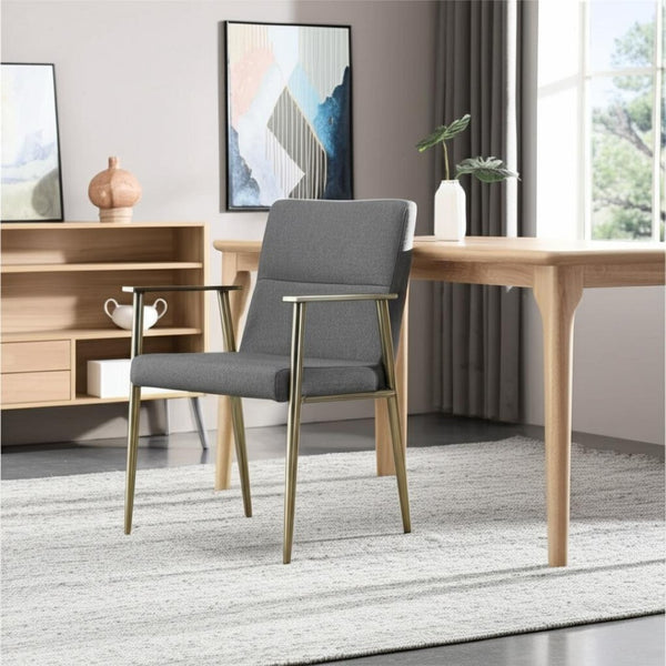 HomeRoots Gray Upholstered Fabric Dining Arm Chair with Antiqued Brass Frame - Timeless Comfort & Style 472225