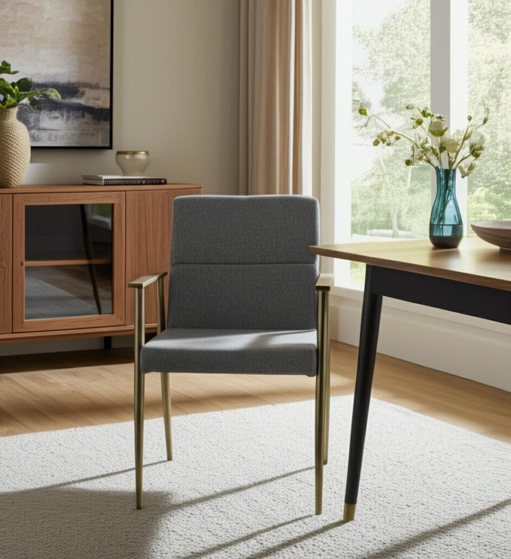HomeRoots Gray Upholstered Fabric Dining Arm Chair with Antiqued Brass Frame - Timeless Comfort & Style 472225