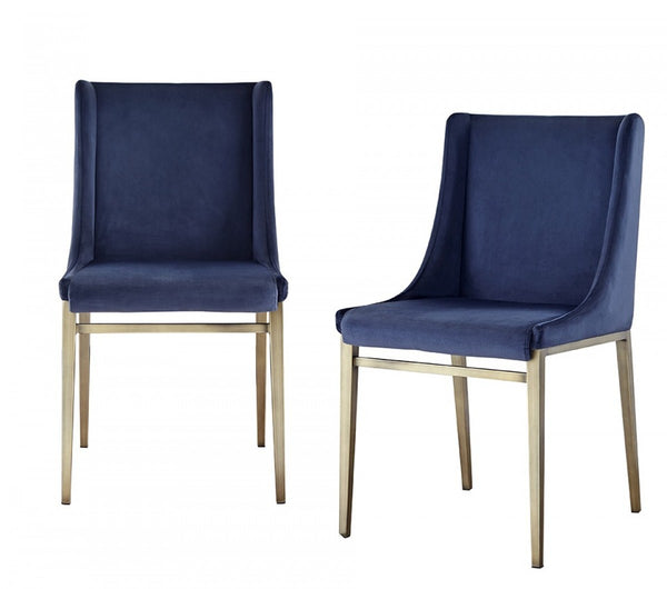 Homeroots Set Of Two Blue Velvet Antique Brass Contemporary Dining Chairs  Metal 472226