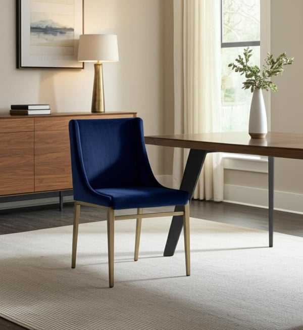 HomeRoots Set of Two Wing Back Side Chairs in Blue Fabric with Antiqued Brass Legs for Elegant Interiors 472226