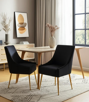 HomeRoots Set of Two Elegant Black Velvet Wing Back Dining Arm Chairs with Gold Legs for Chic Home Décor 472232