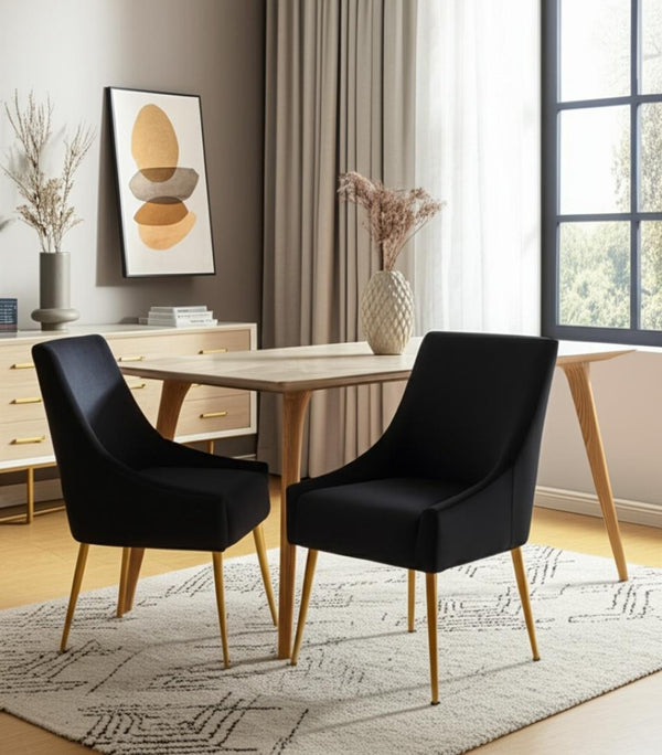 HomeRoots Set of Two Elegant Black Velvet Wing Back Dining Arm Chairs with Gold Legs for Chic Home Décor 472232