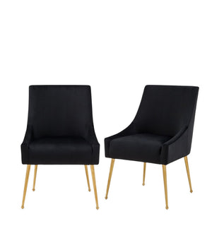 HomeRoots Set of Two Elegant Black Velvet Wing Back Dining Arm Chairs with Gold Legs for Chic Home Décor 472232