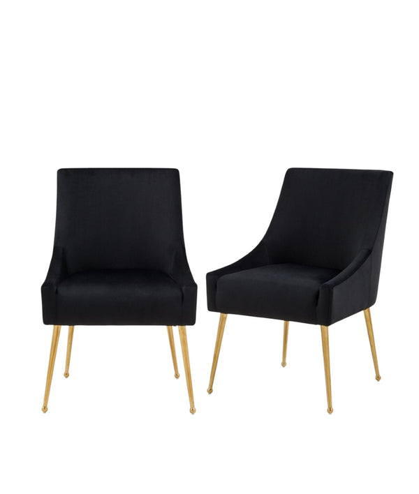 HomeRoots Set of Two Elegant Black Velvet Wing Back Dining Arm Chairs with Gold Legs for Chic Home Décor 472232