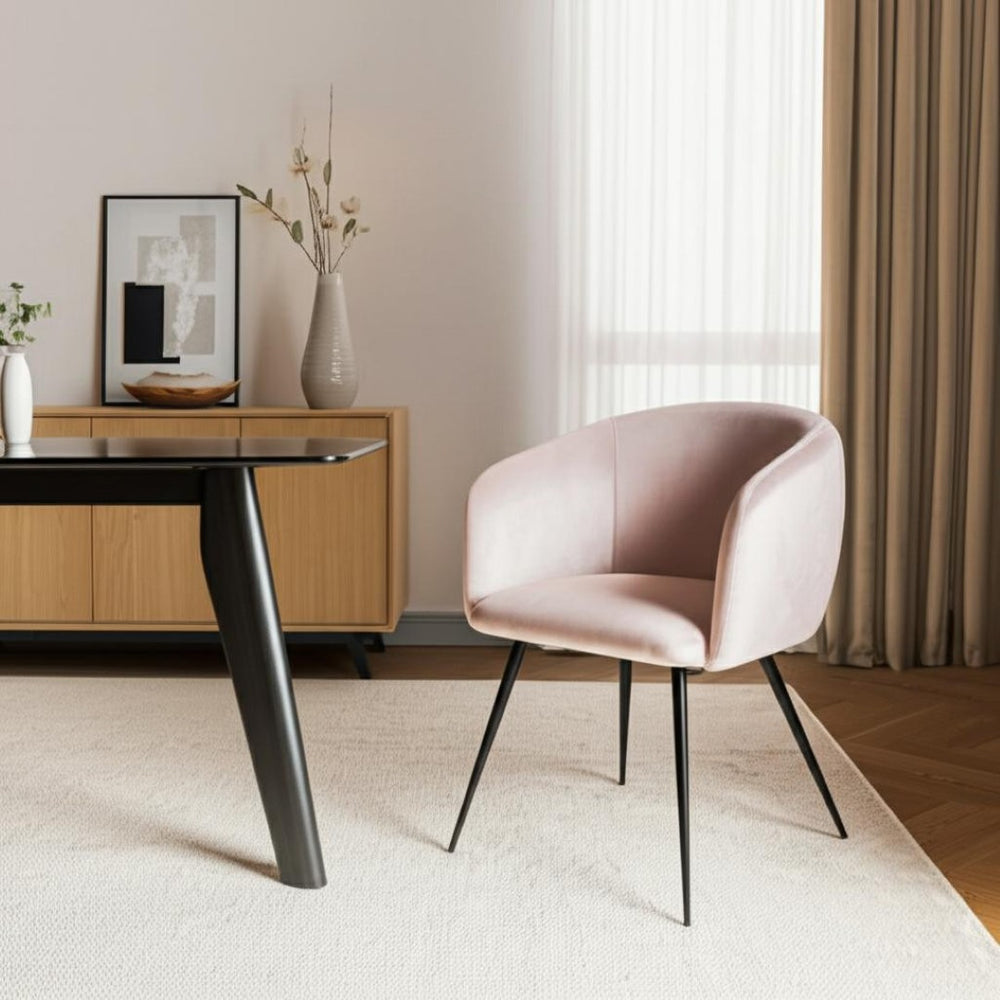 HomeRoots Pink Velvet Dining Arm Chair with Black Accents – Stylish Comfort for Modern Homes & Versatile Use 472239
