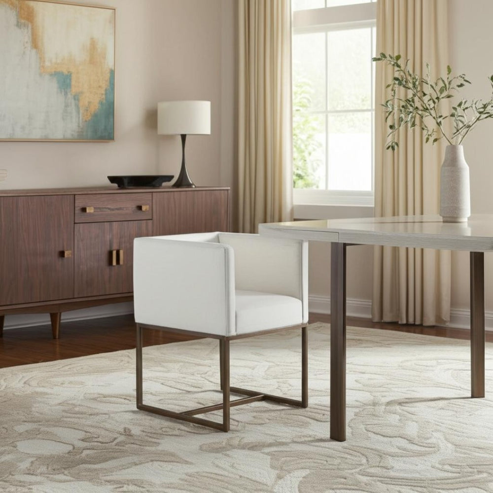 HomeRoots Off White Upholstered Fabric Dining Arm Chair with Antiqued Brass Legs – Elegant, Versatile Comfort 472247