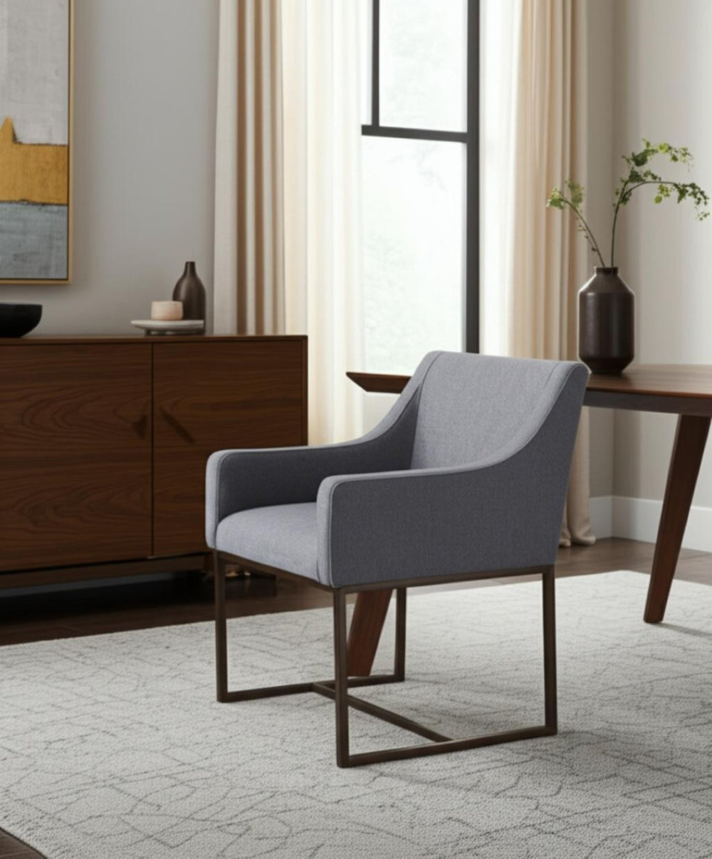 HomeRoots Gray Upholstered Fabric Dining Arm Chair with Antiqued Brass Legs - Stylish Comfort for Any Space 472248