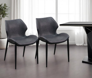 HomeRoots Set of Two Contemporary Gray Faux Leather Wing Back Dining Chairs with Black Metal Legs 472256