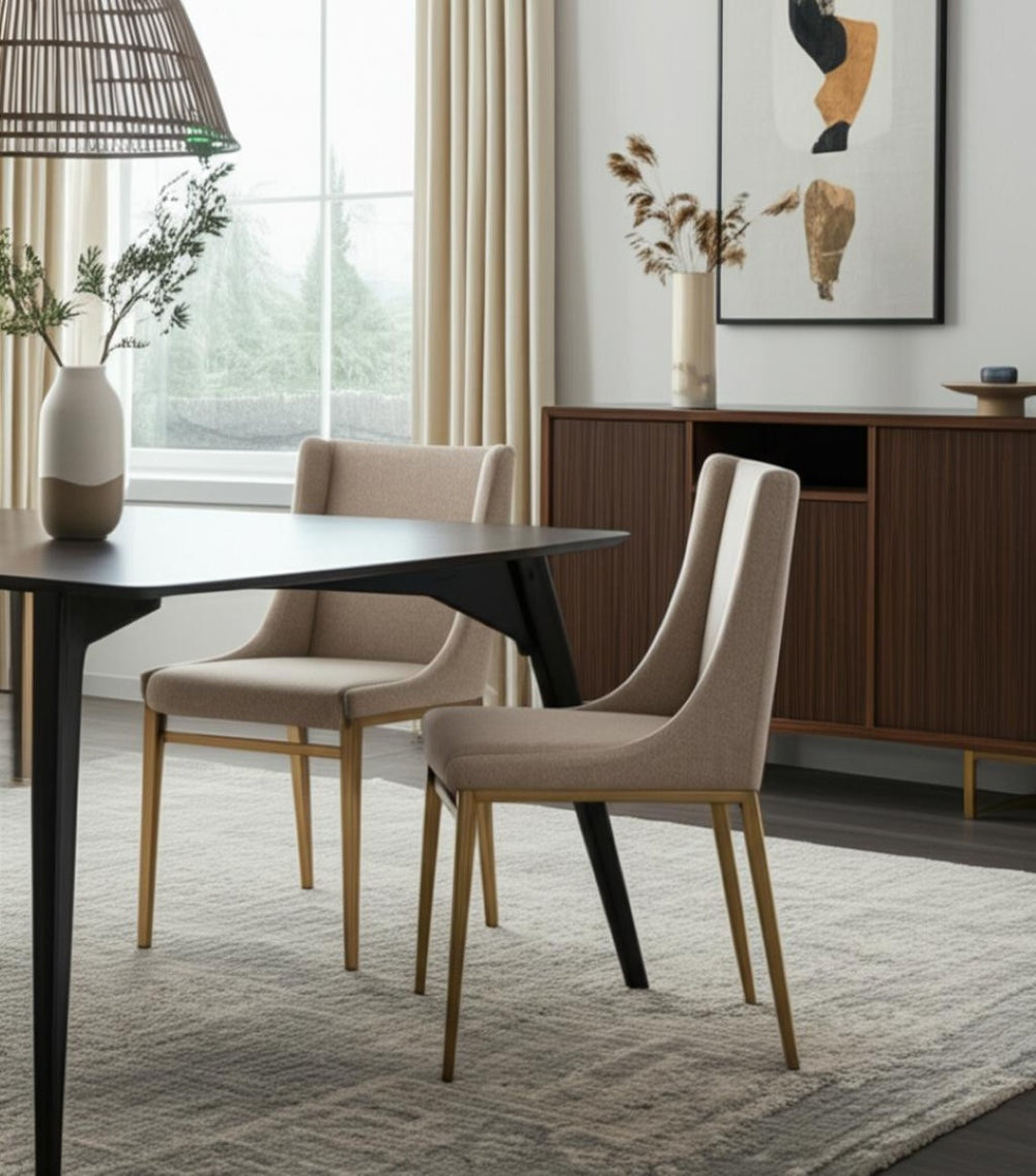 HomeRoots Set of Two Elegant Beige Wing Back Dining Chairs with Antiqued Brass Legs – Versatile Accent Seating 472258