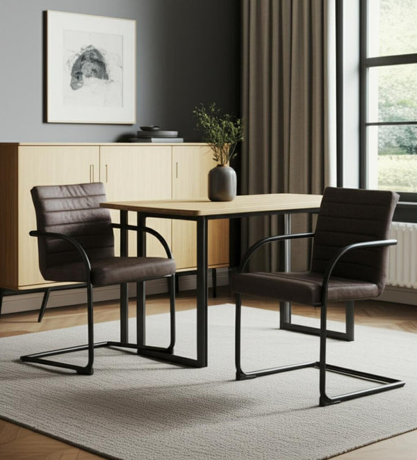 HomeRoots Set of Two Stylish Brown and Black Faux Leather Dining Arm Chairs for Modern Spaces & Comfort 472266