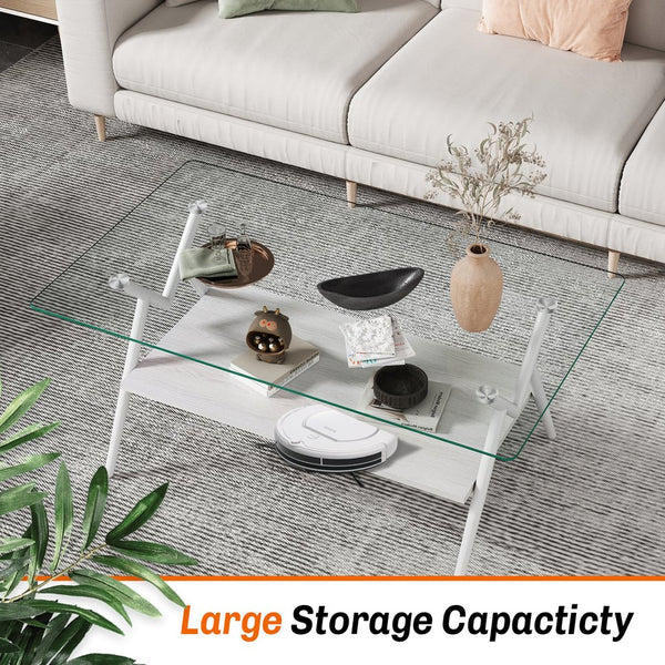 English Elm Coffee Table Set Of 3 With Tempered Glass & Mdf Storage, Modern Design For Living Room Elegance W241S00049