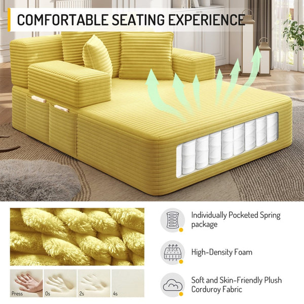 English Elm Luxurious Corduroy Frameless Chaise Sofa Bed with Spring Cushion and Storage Pocket Yellow W3219P496262