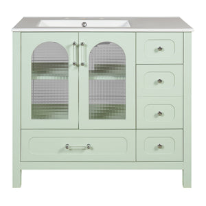 English Elm 36" Green Bathroom Vanity with Waffle Texture Doors, 4 Drawers, Glass Panels, Soft-Closing, Modern Storage N710P280025C