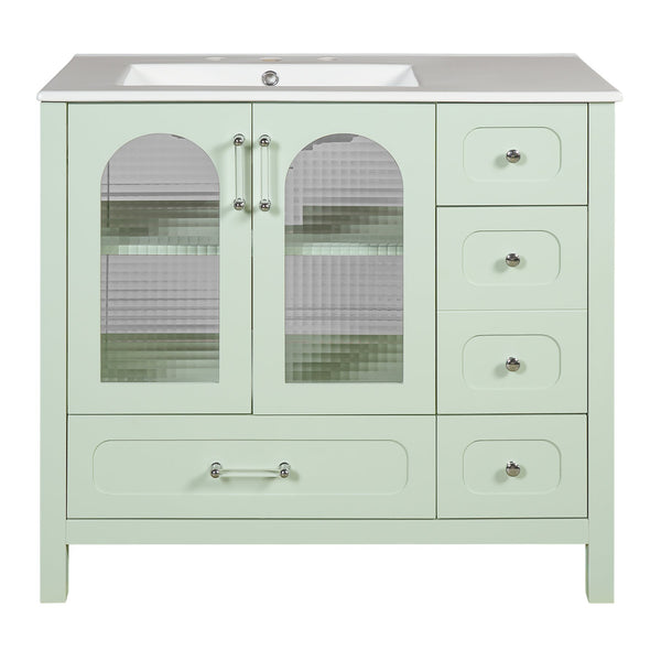 English Elm 36" Green Bathroom Vanity with Waffle Texture Doors, 4 Drawers, Glass Panels, Soft-Closing, Modern Storage N710P280025C