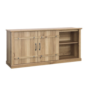 English Elm Credenza, Rustic 70" TV Stand with Sliding Barn Doors, Adjustable Shelves, Cord Management, 62" White Oak B356P354429