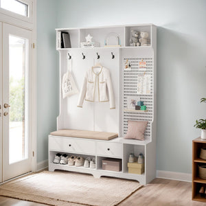 English Elm Multi-purpose Hallway Hall Tree with Linen Cushion Bench, Pegboard, Hooks, Drawers & Shoe Storage White W757P196820