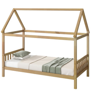 English Elm Twin House Frame Bed Solid Rubberwood Pitched Roof Headboard Kids Room White Oak W504P360081