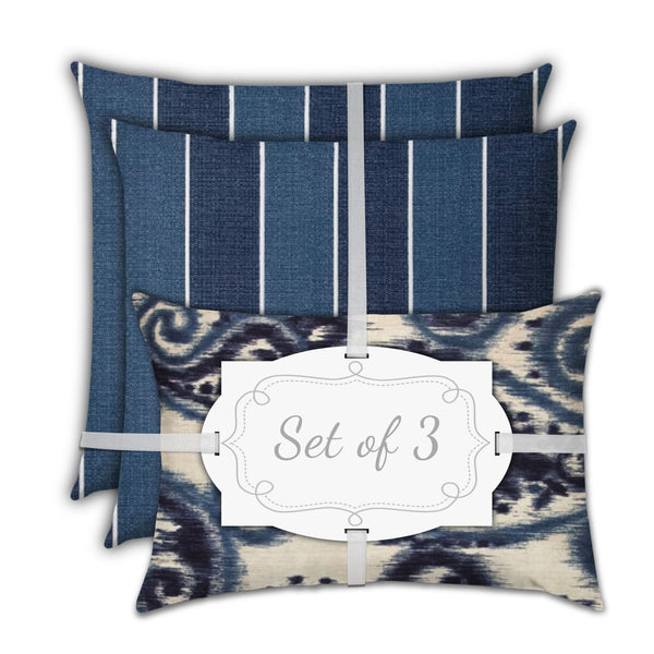 Homeroots Set Of Three 19" X 19" Navy Blue And White Zippered Striped Throw Indoor Outdoor Pillow Cover  Uv Protected Polyester 472777