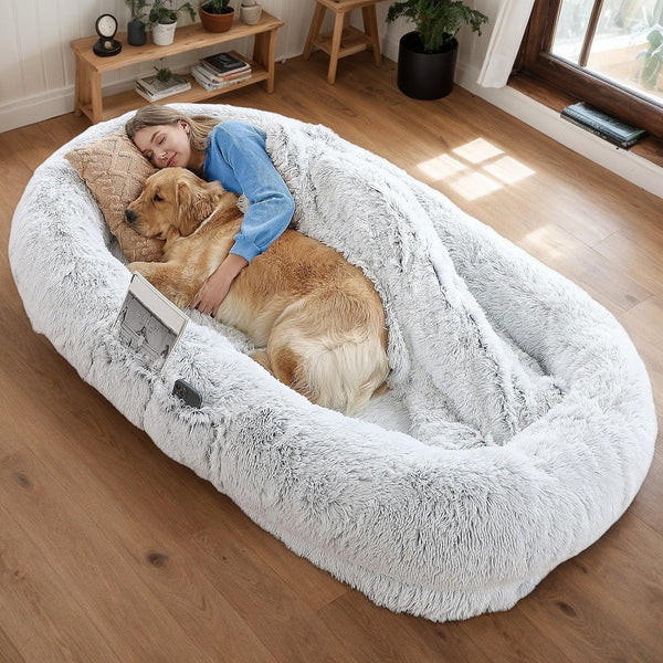 English Elm Human Plush Faux Fur Dog Bed 71"x45"x14" Gray — Washable Orthopedic Napping Lounger for Two W3101P314614