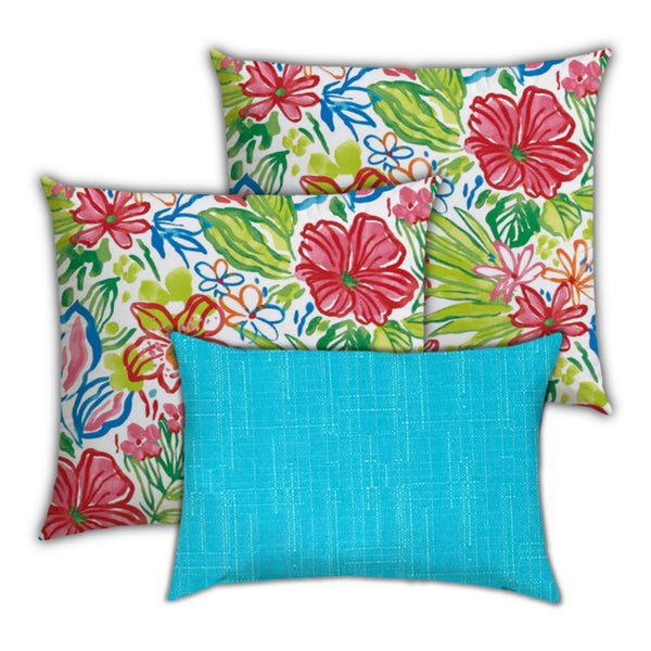 Homeroots Set Of Three 19" X 19" Red And Blue Zippered Floral Throw Indoor Outdoor Pillow Cover  Uv Protected Polyester 472823