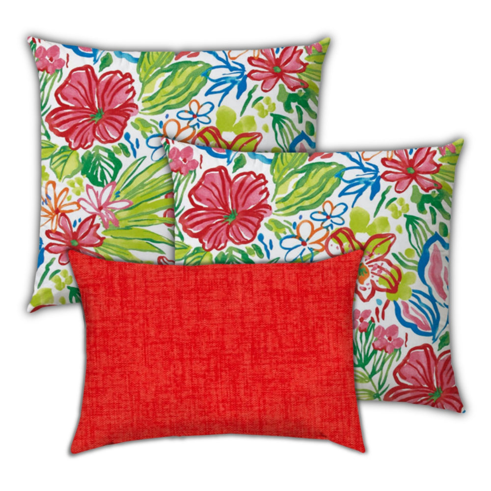 Homeroots Set Of Three 19" X 19" Red And White Zippered Floral Throw Indoor Outdoor Pillow Cover  Uv Protected Polyester 472824
