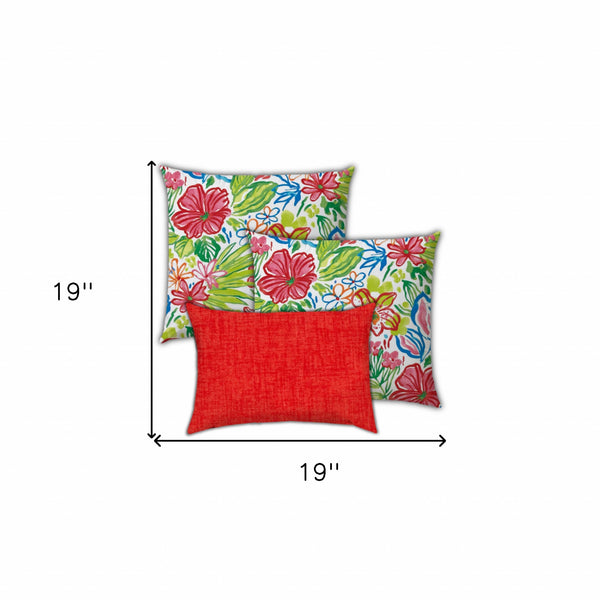 Homeroots Set Of Three 19" X 19" Red And White Zippered Floral Throw Indoor Outdoor Pillow Cover  Uv Protected Polyester 472824