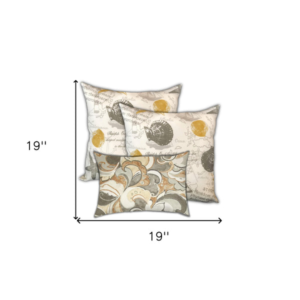 Homeroots Set Of Three 19" X 19" White And Beige Seashells Zippered Nautical Throw Indoor Outdoor Pillow Cover  Uv Protected Polyester 472837