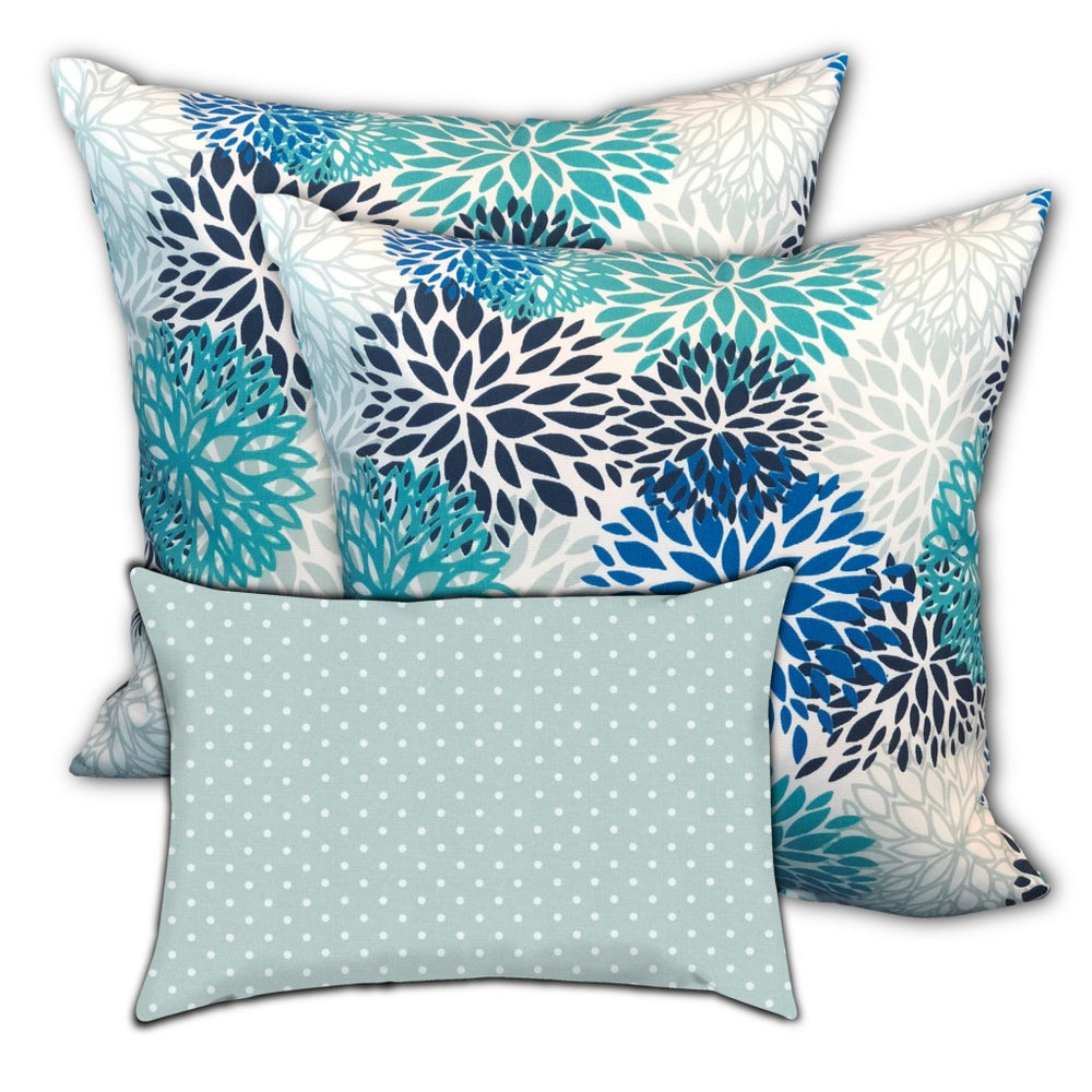 Homeroots Set Of Three 19" X 19" Blue And White Zippered Floral Throw Indoor Outdoor Pillow Cover  Uv Protected Polyester 472873