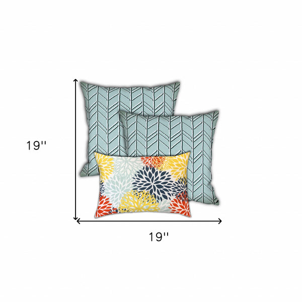 Homeroots Set Of Three 19" X 19" Seafoam And White Zippered Floral Throw Indoor Outdoor Pillow Cover  Uv Protected Polyester 472883