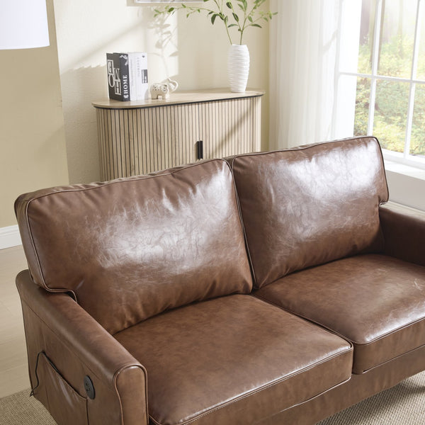 English Elm Loveseat Mid Century Modern Two-Seater Sofa with USB Type-C Charging, Removable Zipper Covers, Durable Wood Legs Brown PU W395P238821