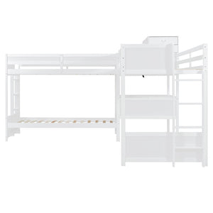English Elm Twin L-shaped Bunk Bed Pine Wood Corner Design with Desk Drawers and Usb Charging White N820S00079K