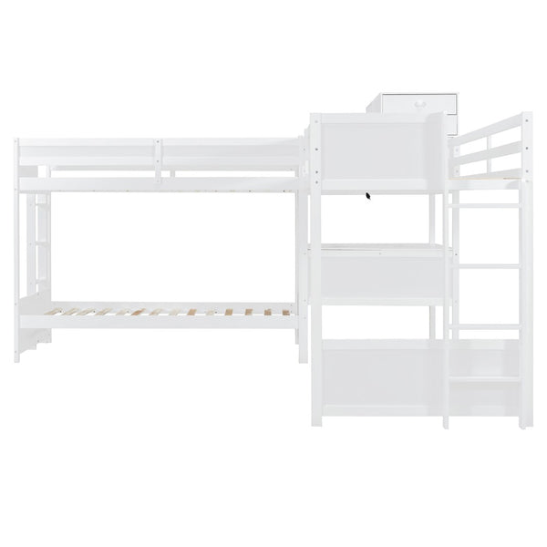 English Elm Twin L-shaped Bunk Bed Pine Wood Corner Design with Desk Drawers and Usb Charging White N820S00079K