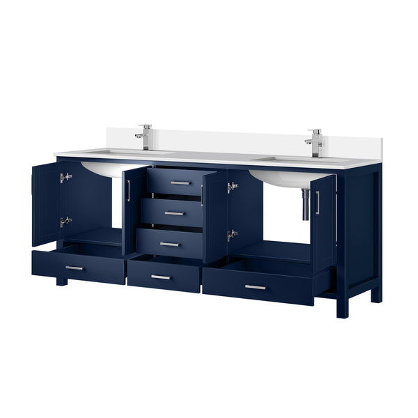 English Elm Navy Double Bath Vanity 80" W x 22" D with White Quartz Top, 2 Cabinets, 6 Drawers, Chrome Faucet B2731P259140