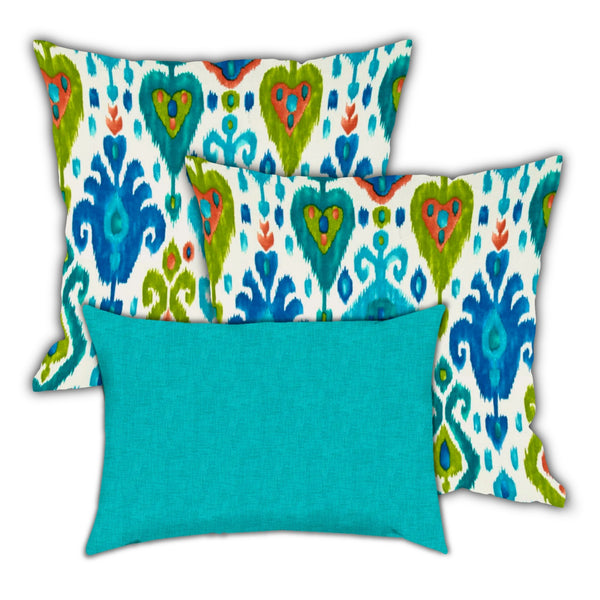 Homeroots Set Of Three 19" X 19" Green And White Zippered Ikat Throw Indoor Outdoor Pillow Cover  Uv Protected Polyester 472907