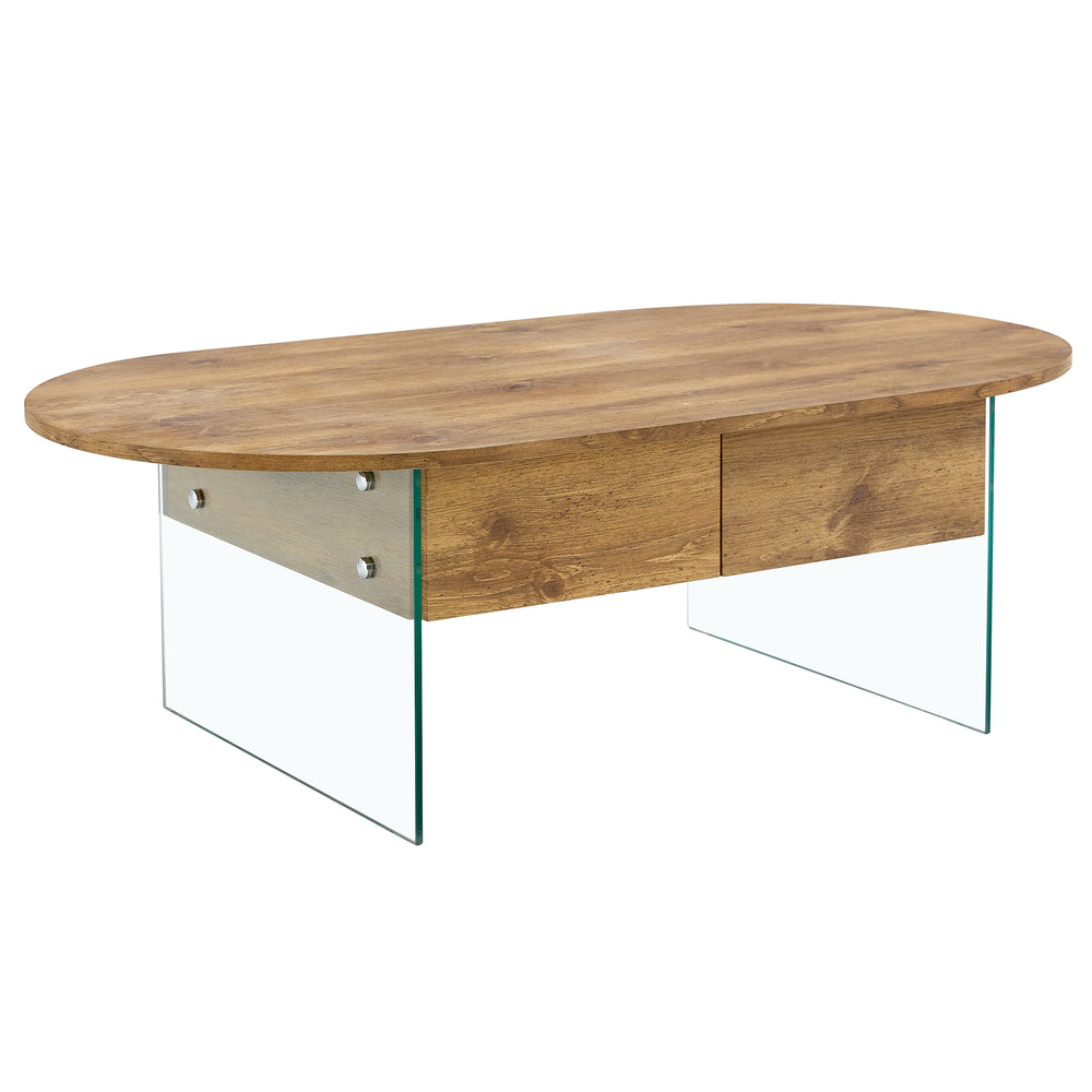 English Elm Cozy Natural Oval Coffee Table with Dual Drawers, Tempered Glass Legs, Wood Grain MDF Top, 43.3"x23.6" W1512P405601