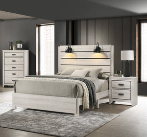 English Elm 1pc Rustic Style Butcher Block Finish Queen Size Bed with Weathered Finish, Detailed Trim, Sturdy Frame Antique White 77.32 L x 38.31 W x 11.2 H B011P230854