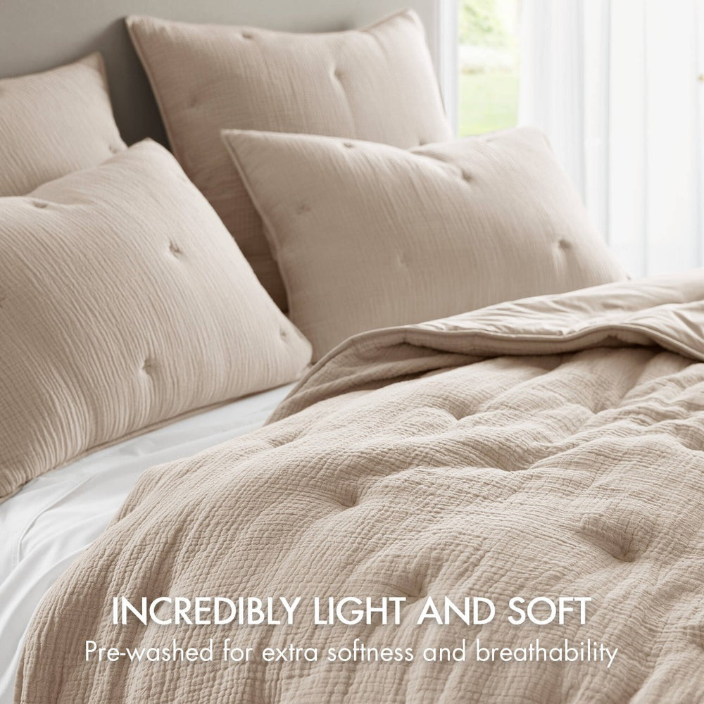 English Elm 3-piece Cotton Muslin Quilt Set with Embroidered Tacking for a Relaxed Bedroom Taupe B035P408349