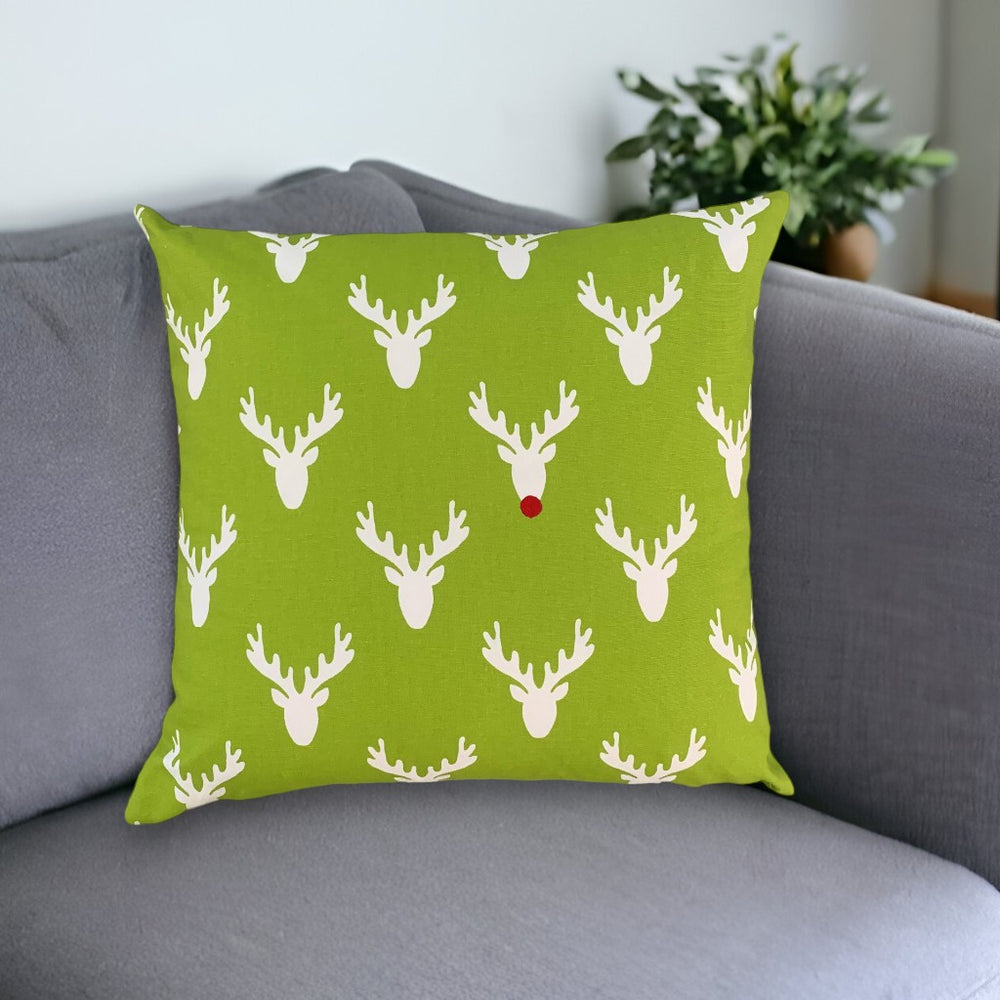 Homeroots 20" Green And White Reindeer Christmas Cotton Throw Pillow Cover   472981