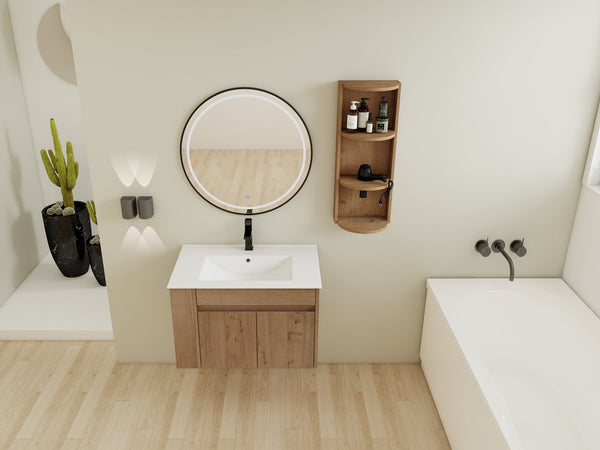 English Elm 30" Wall-Mounted Bathroom Vanity With Ceramic Sink, Soft-Close Doors & Versatile Storage Rack W999S00342