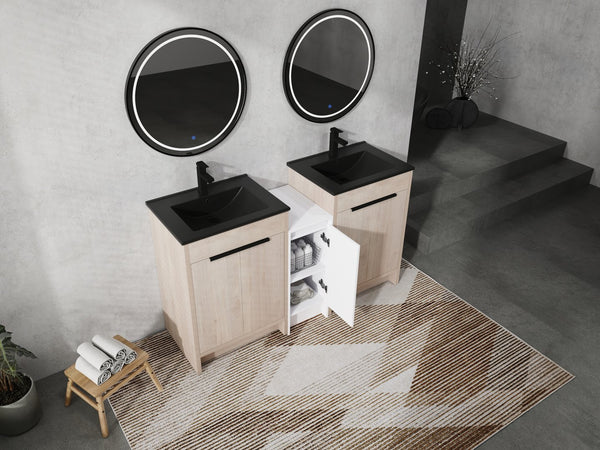 English Elm 60 Inch Freestanding Bathroom Vanity With Black Ceramic Sink, Soft-Close Doors & Storage Solutions W999S00317