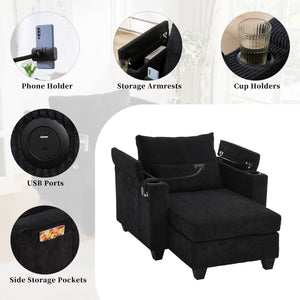 English Elm Convertible Chaise Lounge With Usb Ports, Cup Holders & Storage – Stylish Multi-Functional Sofa Chair N719S002021B