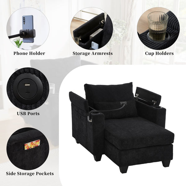 English Elm Convertible Chaise Lounge With Usb Ports, Cup Holders & Storage – Stylish Multi-Functional Sofa Chair N719S002021B