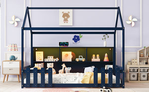 English Elm Twin House Bed with LED Light and Built-In Bookshelf, Solid Wood Playhouse Design for Kids Safety Navy Blue 78.15 L x 15.75 W x 6.1 H W2593P269090